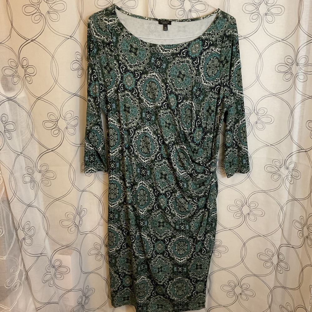 Talbots Woman Petites Green Blue Paisley Medallion Sheath Dress Size 1XP